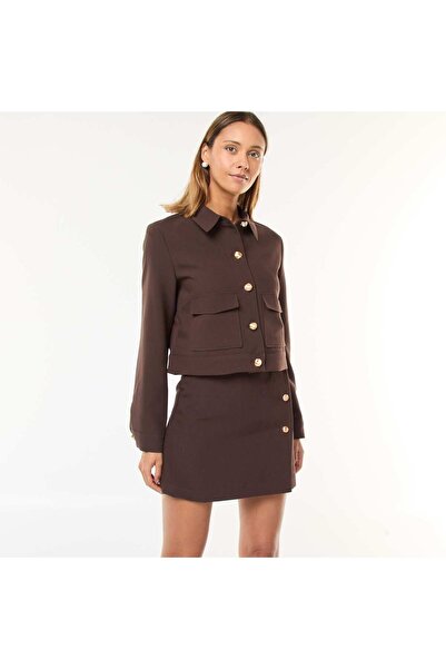 KIABI سترة بدلة قصيرة بأزرار ذهبية بنية اللون