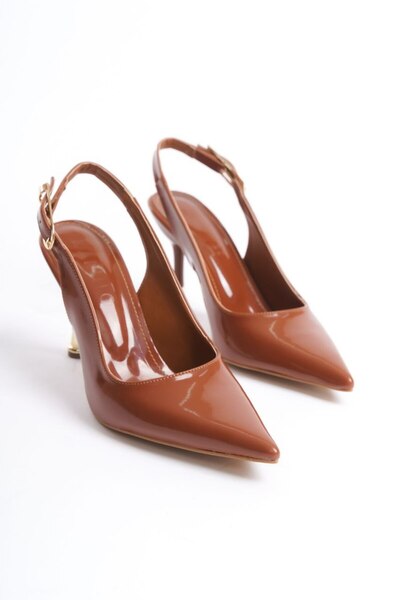 Lölük Moda Women's Ovis Pointed Heeled Shoes Tan Patent Leather Available in Sizes 41 and 42