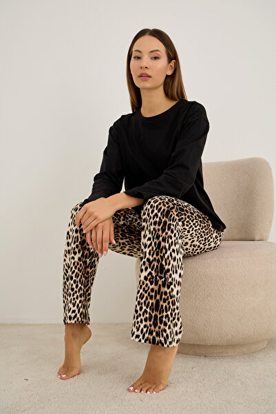 Siyah İnci leopar desenli Pamuklu Örme Pijama Takım7948