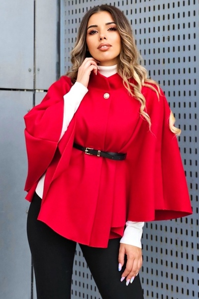 FashionForYou Women's cape coat Amalia, with tunic collar and belt, Red