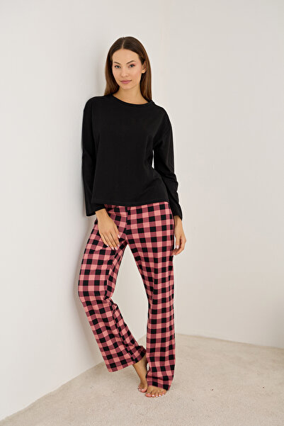 Siyah İnci pembe siyah ekose desenli Pamuklu Örme Pijama Takım7948
