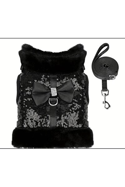 Genel Markalar Siyah payetli kürklü köpek göğüs tasması ve gezdirme kayışı, şık ve kullanışlı.
