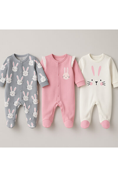tinytrends طقم بدلة قطنية ثلاثية للأطفال البنات مع طباعة أرانب وأحذية مدمجة
