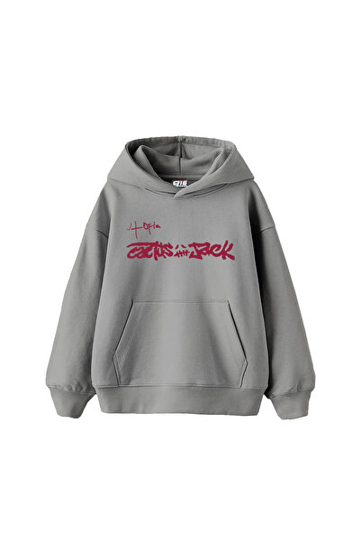 Sekizbiraltı Utopia Cactus Jack Εντυπωμένο Oversize Unisex Γκρι Hoodie