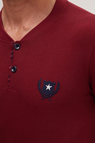 Tudors Erkek Regular Fit Pamuklu Düğmeli Yaka Beli Lastikli Desenli Bordo Pijama Takımı