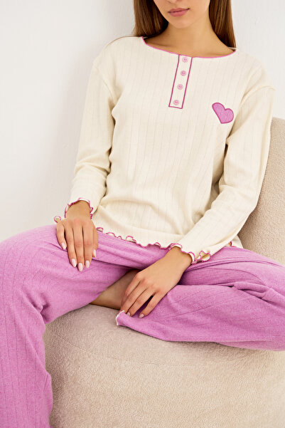 Siyah İnci Pink Heart Embroidered Knitted Interlock Pajama Set25226009