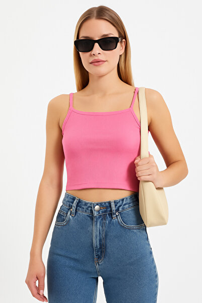 WINNERAIN Γυναικεία ροζ μπλούζα με λουράκια και ριμπ ύφανση