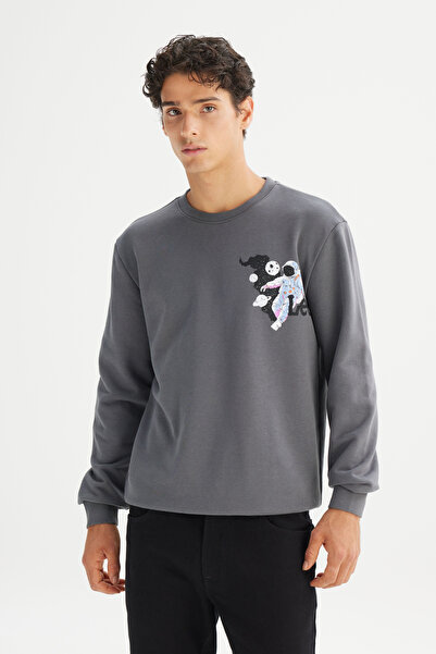 Lee Regular Fit Normal Cut Crew Neck Printed Anthracite Sweatshirt