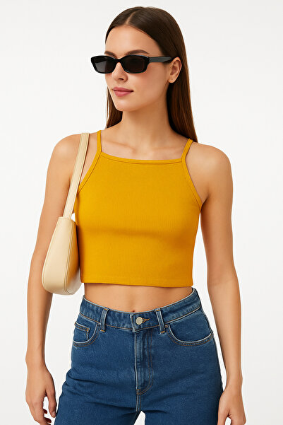 WINNERAIN Kadın Sarı İp Askılı Ribanalı Crop Bluz