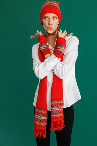 Desen Triko Women's Jacquard Wool Gloves Coral