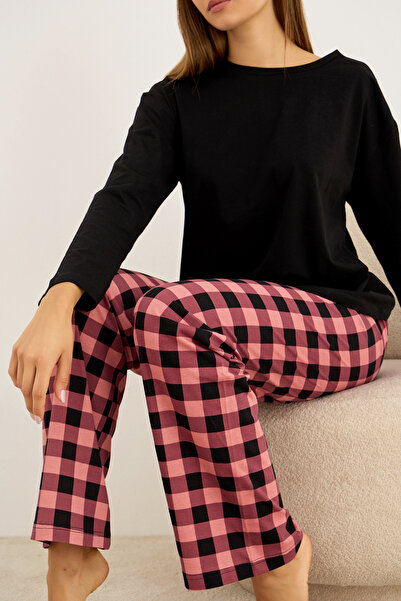 Siyah İnci Pink Black Plaid Pattern Cotton Knitted Pajamas Suit7948