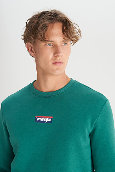 WRANGLER Regular Fit Normal Cut Crew Neck Green Sweatshirt with Fleece Inside