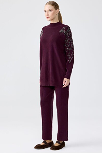 Tığ Triko Leopar Taş işlemeli Tunik Pantolon Takım MÜRDÜM