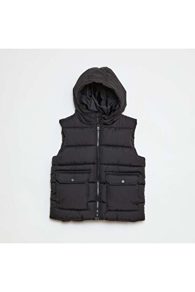 KIABI Sleeveless Water-Repellent Padded Jacket with Flap Pocket and Hood BLACK
