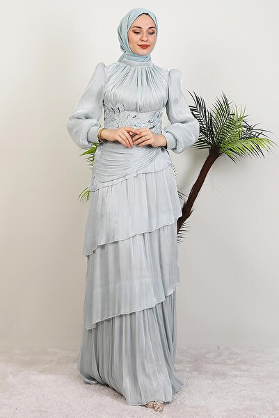 GİYZAMİLA Menekşe Kat Kat Abiye Açık Mint