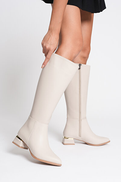 TOPUK Miami Bej Küt Burunlu Fermuarlı Kadın Çizme