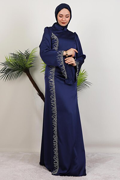 GİYZAMİLA Mihrimah Saten Abiye Lacivert
