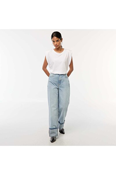 KIABI Regular High-Waisted Jeans with Wide Turn-Up Hems BLUE