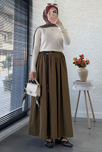 MELEK ARAZ Fusta evazată din gabardină cu talie elastică – Olive