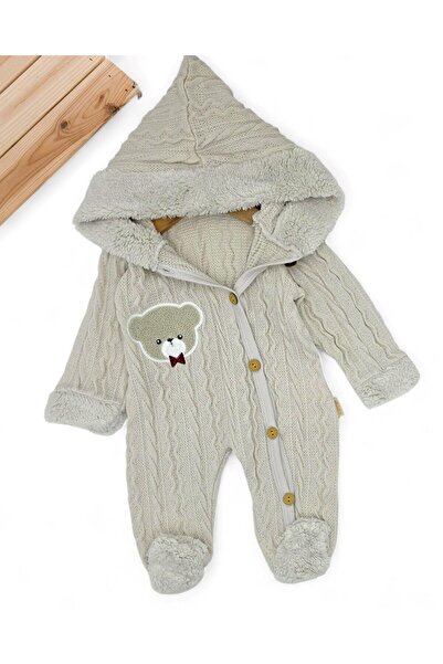voyyo kids baby Seasonal Unisex Teddy Bear Embroidered 0-3-6-9 Months Knitwear Jumpsuit, Closed Feet, Wooden Buttons, Hooded