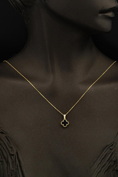 Bilezikci Siyah Taşlı Yonca 14 Ayar Altın Takı Seti