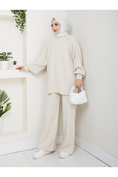 FERHEL Women's Balloon Sleeve Steel Mesh Tunic and Pants Two-Piece Set