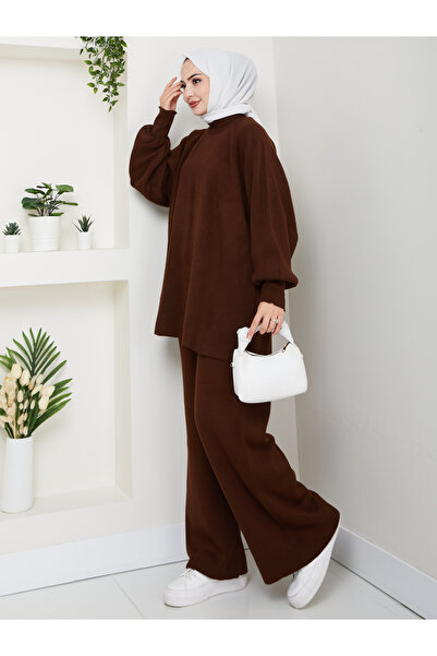 FERHEL Women's Balloon Sleeve Steel Mesh Tunic and Pants Two-Piece Set