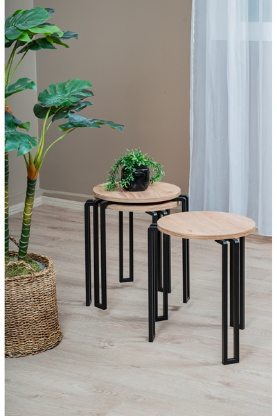 Blamb UYAN EV ÜRÜNLERİ Yuvarlak 3 Kat zigon sehpa Dekoratif Metal Ayaklı Çam Ahşap Orta Sehpa