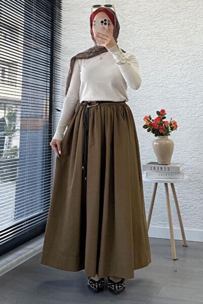 MELEK ARAZ Fusta evazată din gabardină cu talie elastică – Olive