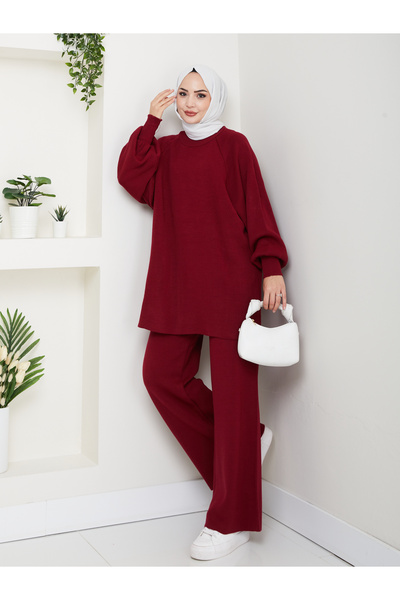 FERHEL Women's Balloon Sleeve Steel Mesh Tunic and Pants Two-Piece Set