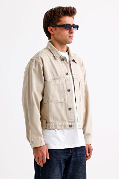 Denim Republic Men's Beige Cropped Denim Jacket with Buttons