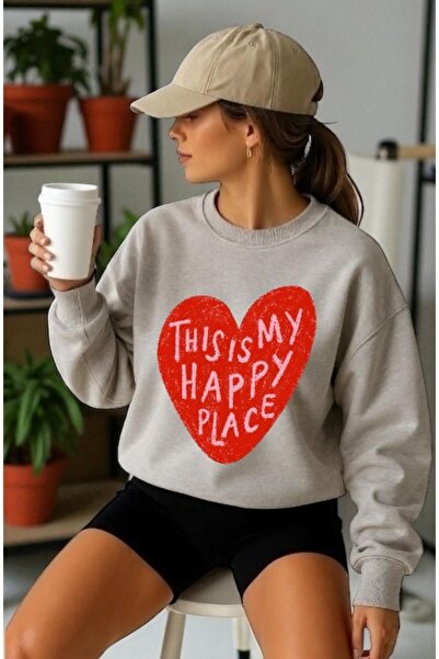 ArtYus Tricou unisex cu mânecă lungă Happy Place Heart Front Transfer cu impr...