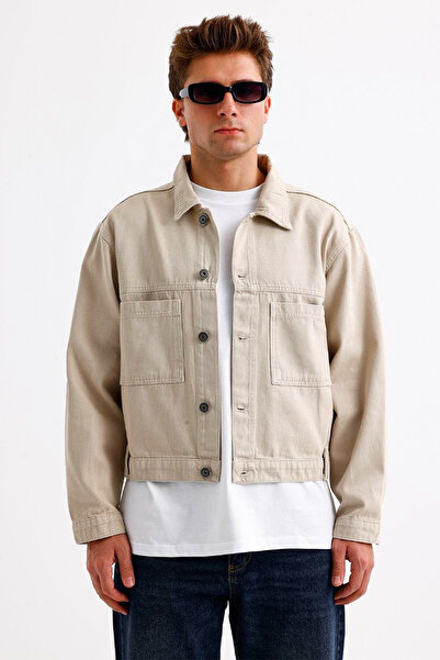 Denim Republic Men's Beige Cropped Denim Jacket with Buttons