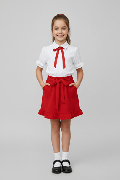 FATELLA تنورة حمراء مزينة بالكشكشة للفتيات مع قميص أبيض مزين بالدانتيل، زي عر...