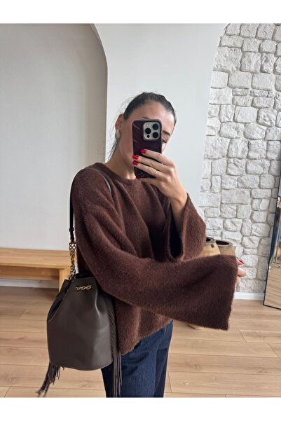 Piedra Brown Crew Neck Soft Bearded Yarn Wide Sleeve Knitwear Sweater