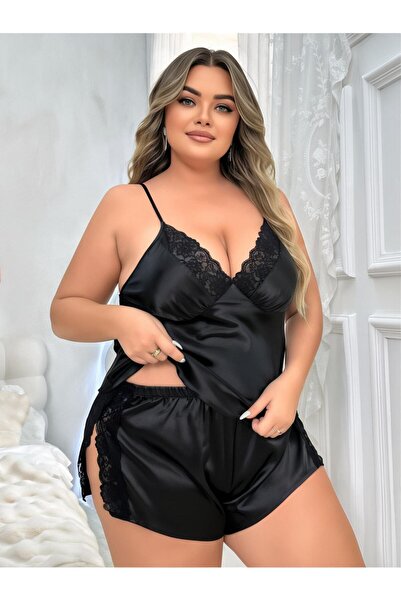 ALORA Women's Plus Size Lace Detail Black Satin Shorts Suit