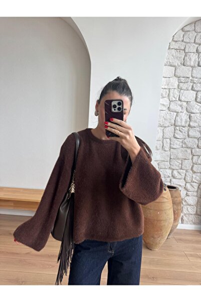 Piedra Brown Crew Neck Soft Bearded Yarn Wide Sleeve Knitwear Sweater