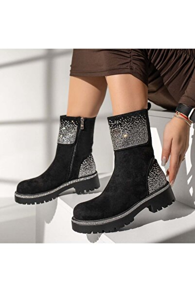 Modlet.ro Women's black suede boots with metallic details and zipper MOD12371