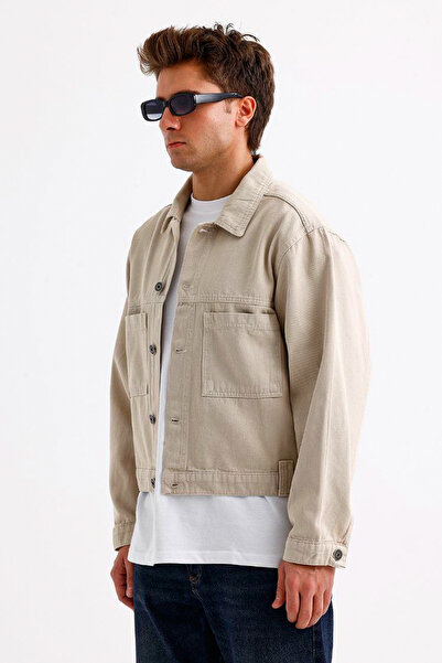 Denim Republic Men's Beige Cropped Denim Jacket with Buttons