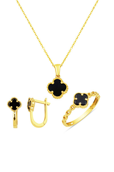 Bilezikci Siyah Taşlı Yonca 14 Ayar Altın Takı Seti