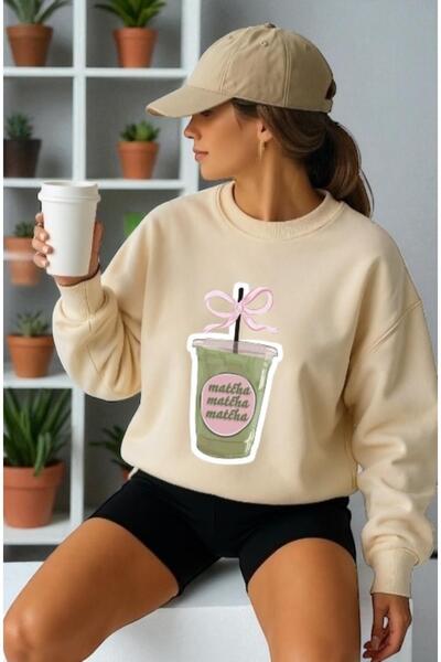 ArtYus سويت شيرت للجنسين بأكمام طويلة وطباعة أمامية لمشروب الماتشا وياقة على ...