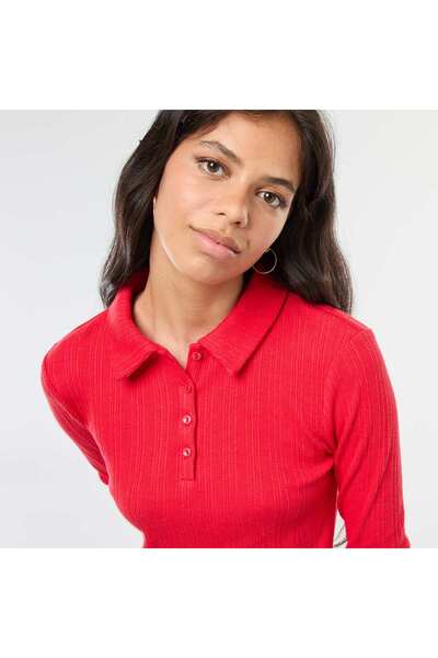 KIABI Pointelle Knit Polo Shirt RED