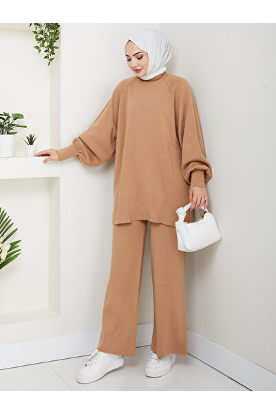 FERHEL Women's Balloon Sleeve Steel Mesh Tunic and Pants Two-Piece Set