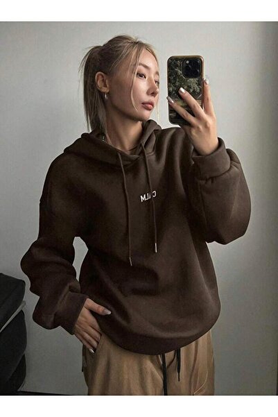 NO 601 Жіночий коричневий капюшон з принтом на спині