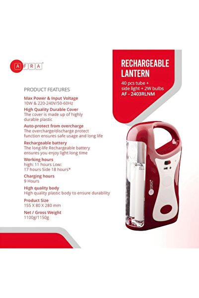 Afra Rechargeable Lantern, 10 Watts, White, Plastic Body, Solar Charging Port, 10 W & 220-240 V / 50