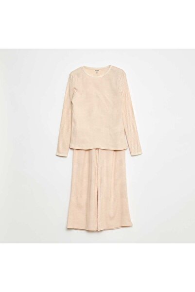 KIABI Striped Print Long Pajamas - 2 Piece Set BEIGE