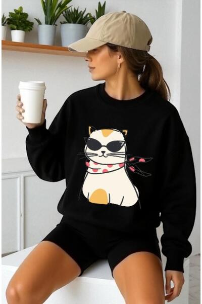 ArtYus Mânecă lungă unisex Cool pisică Front Transfer cu imprimeu guler rotun...