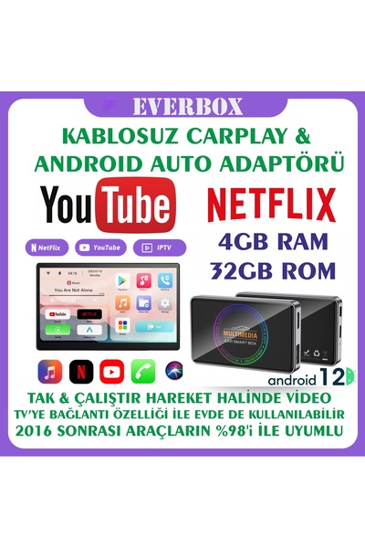 EverBox Y2 CarPlay & Android Auto Box 4GB+32GB Youtube Hareket Halinde Video,...