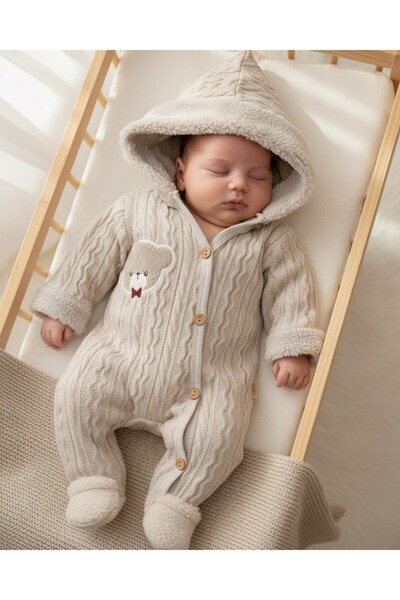 VOY KİDS Teddy Bear Embroidered 0-3-6-9 Months Knitwear Jumpsuit, Closed Feet, Wooden Buttons, Hooded, Seasonal Unisex