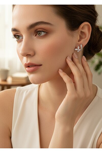 bonbela Gümüş Kelebek Küpe İkili Görünüm Kararmaz